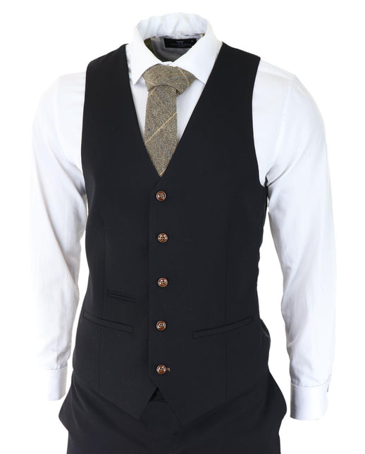 Mens Black 3 piece Suit Brown Trim Classic Birdseye Vintage Wedding Grooms