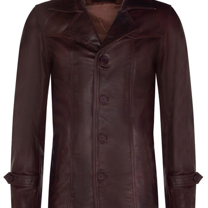 Men’s Brown Vintage Trench Style Crombie Leather Coat-Macau