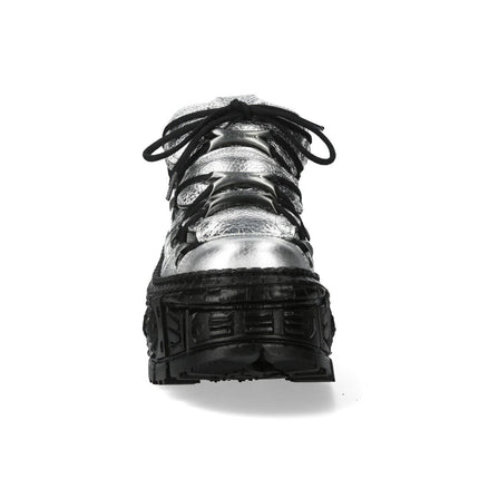 New Rock M-106Wall-C29 Metallic Silver Black Leather Gothic Ankle Boots