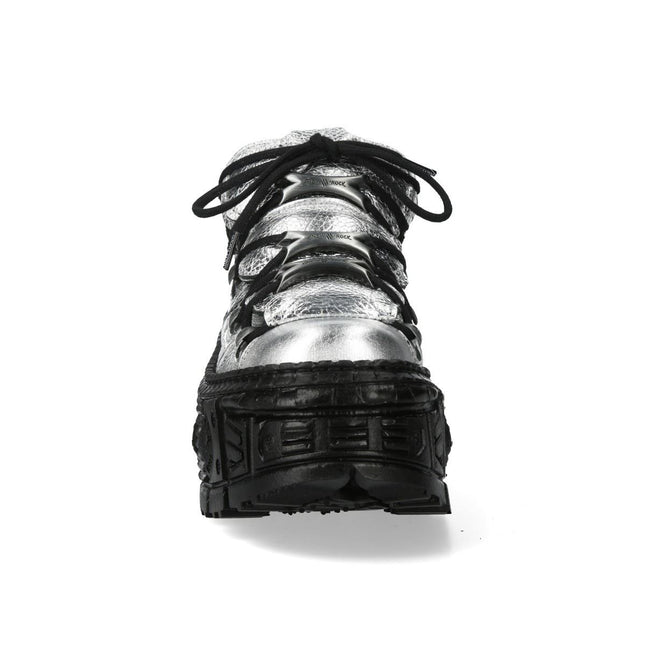 New Rock M-106Wall-C29 Metallic Silver Black Leather Gothic Ankle Boots