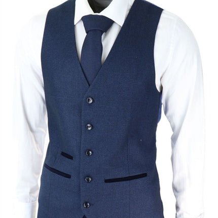 Mens 3 Piece Navy Blue Birdseye Tweed Classic Suit