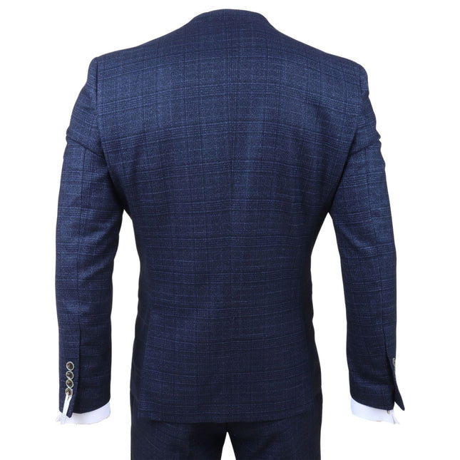 Men's Blue Plain Check 3 Piece Slim Fit Formal Wedding Suit
