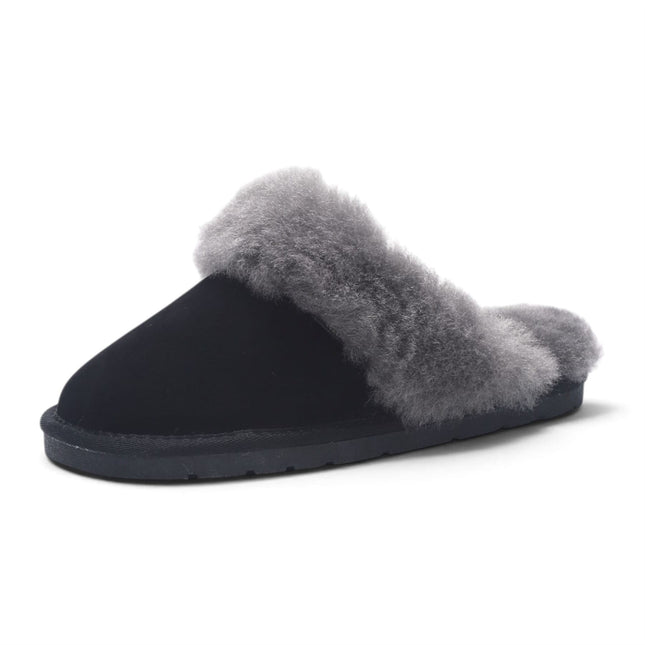 Women's Genuine Sheepskin Black Suede Mule Winter Slippers - Luna