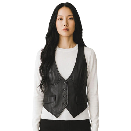 Womens Black Leather Waistcoat Biker Vest - MAM-WC