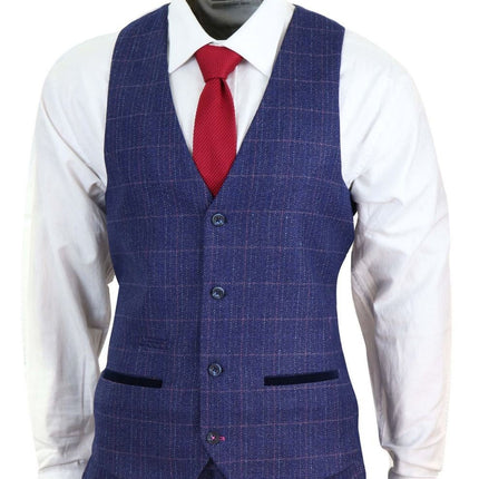 Mens 3 Piece Blue Herringbone Check Vintage Classic Suit