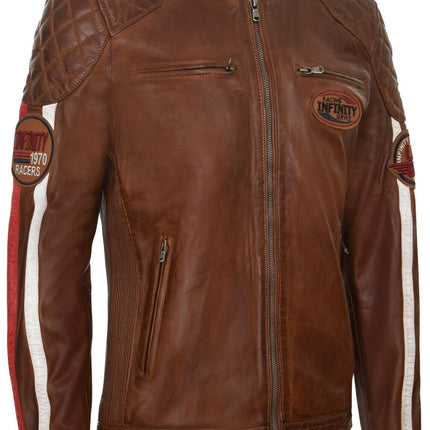 Men’s Classic Striped Racing Leather Jacket- Barcelona