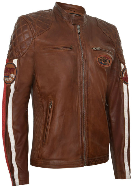 Men’s Classic Striped Racing Leather Jacket- Barcelona