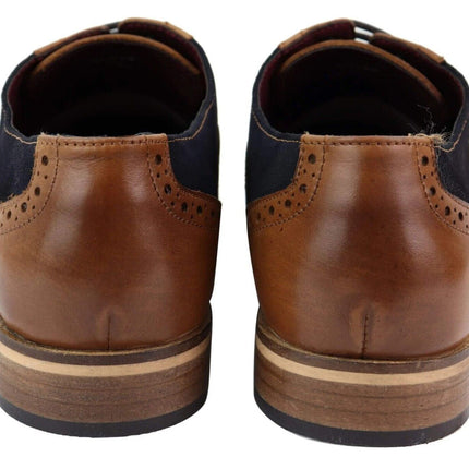 Mens Classic Navy Suede Oxford Brogue Derby Shoes In Tan Leather