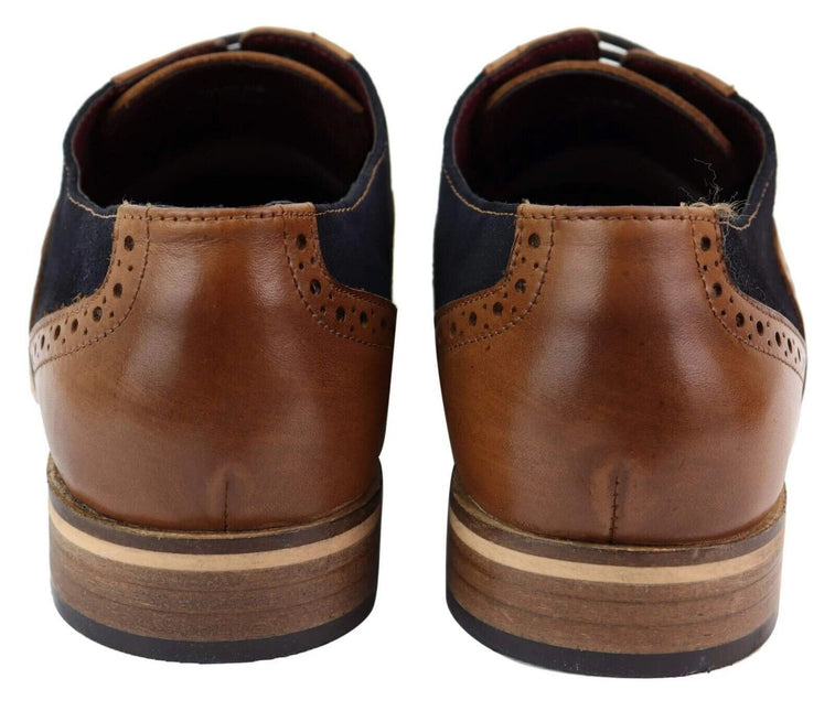Mens Classic Navy Suede Oxford Brogue Derby Shoes In Tan Leather