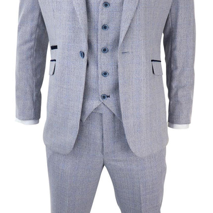 Mens 3 Piece Tweed Suit Light Blue Check Peaky Blinders 1920 Gatsby Wedding Suit