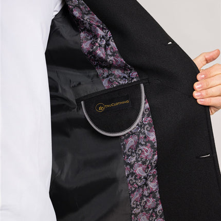 Men's Notched Lapel Collar Wool Blend Black Overcoat
