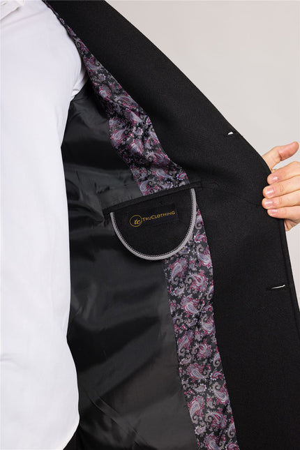 Men's Notched Lapel Collar Wool Blend Black Overcoat