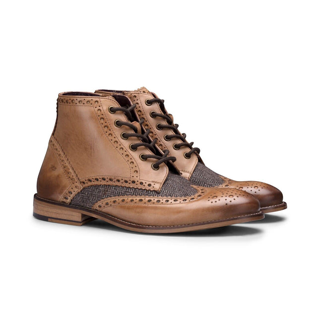 Mens Classic Oxford Tan Leather Gatsby Brogue Ankle Boots With Tweed