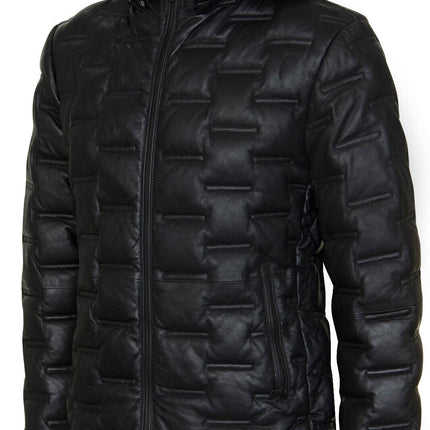 Men's Hooded Puffer Quilted Bomber Leather Jacket - Belém