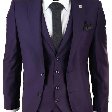 New Mens 3 Piece Suit Plain Purple Classic Tailored Fit Smart Casual 1920s Formal