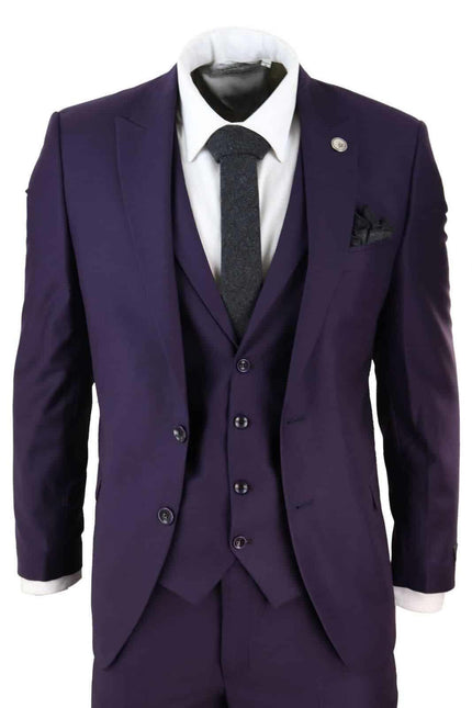 New Mens 3 Piece Suit Plain Purple Classic Tailored Fit Smart Casual 1920s Formal