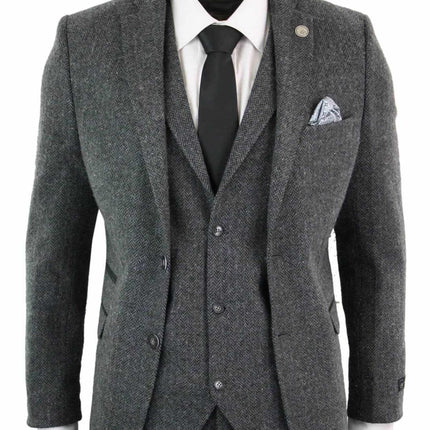 Men's 3 Piece Charcoal Grey Herringbone Tweed Suit