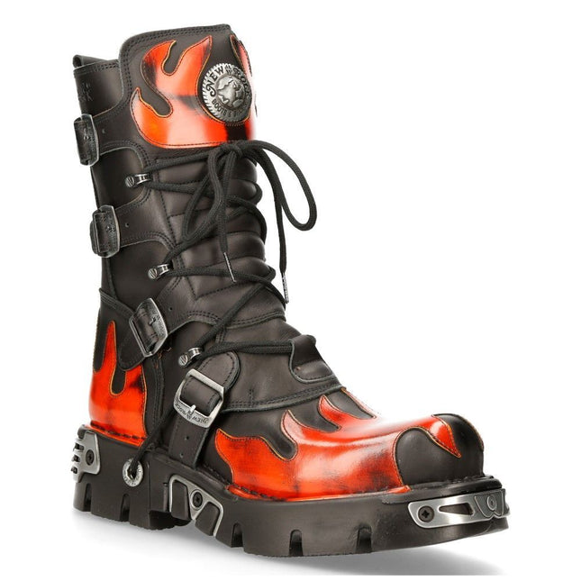 New Rock Flame Accented Black/Red Leather Boots - 591-S1