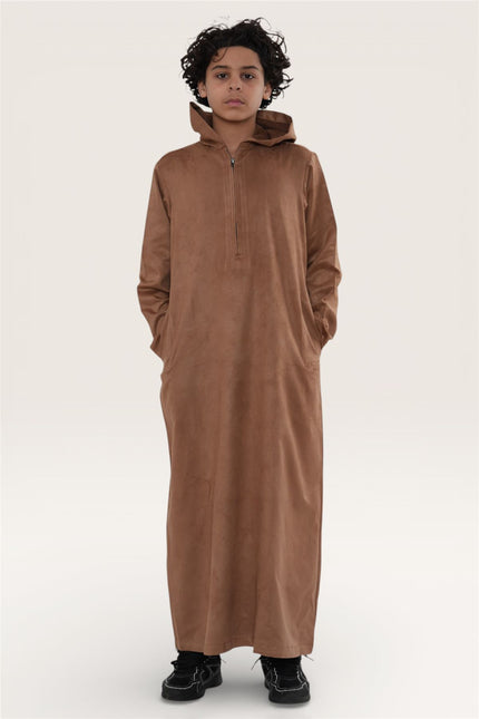 Kids Boys Hooded Eid Camel Brown Moroccan Jubba Robe Ramadan Eid Thobe - K-HM12
