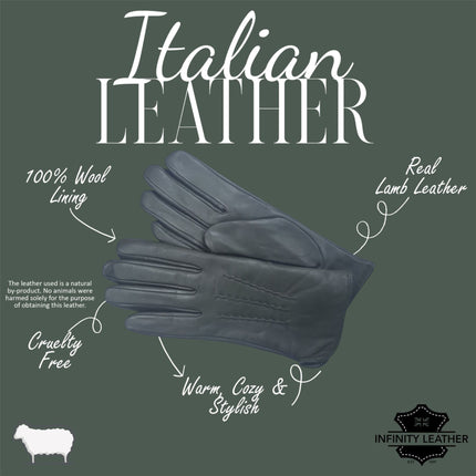 Womens Olive Green Italian Leather Winter Stitch Line Design Soft Wool Lining Gloves - L-GLV-301