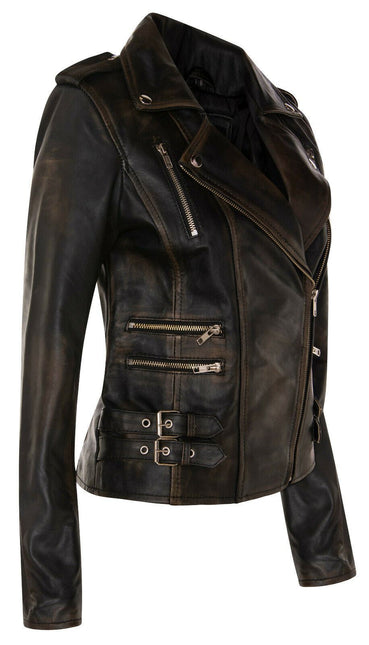 Womens Leather Brando Biker Jacket-Orlando