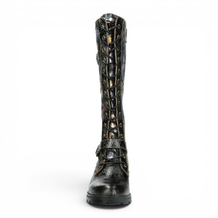 Laura Vita Women's Victorian Floral Black Leather High Lace-Up Long Boots - Cocrailo-82