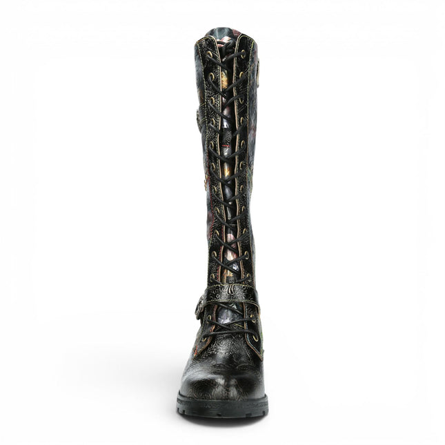 Laura Vita Women's Victorian Floral Black Leather High Lace-Up Long Boots - Cocrailo-82