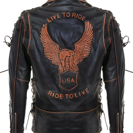 Mens Embossed Brando Leather Biker Jacket-Chicago