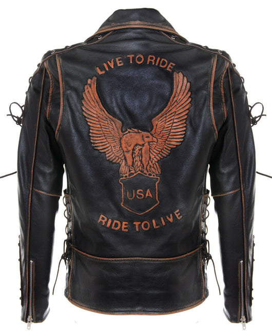 Mens Embossed Brando Leather Biker Jacket-Chicago