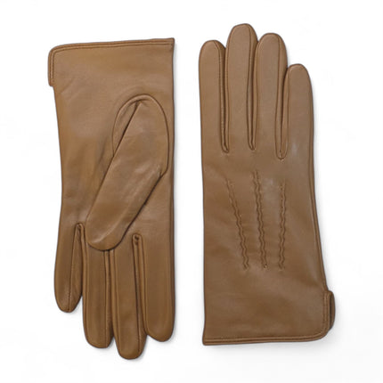 Womens Tan Brown Italian Leather Winter Stitch Line Design Soft Wool Lining Gloves - L-GLV-301