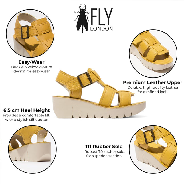 Fly London Women's Yudd236Fly Bumblebee Yellow Mousse Leather Wedge Sandals