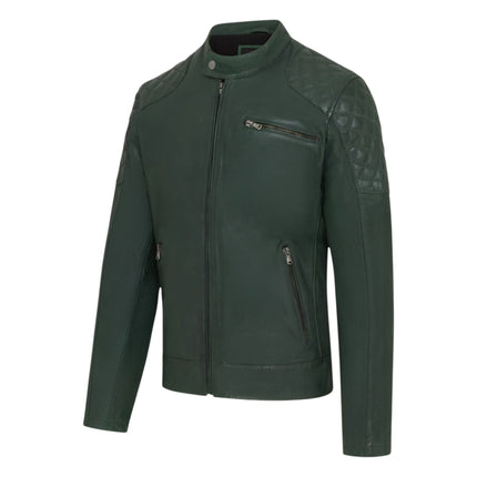 Mens Green Leather Quilted Shoulder Biker Jacket - Rock