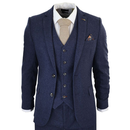 Men's Navy Blue Tweed 3 Piece Wool Suit