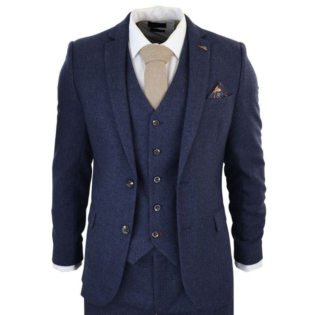 Men's Navy Blue Tweed 3 Piece Wool Suit