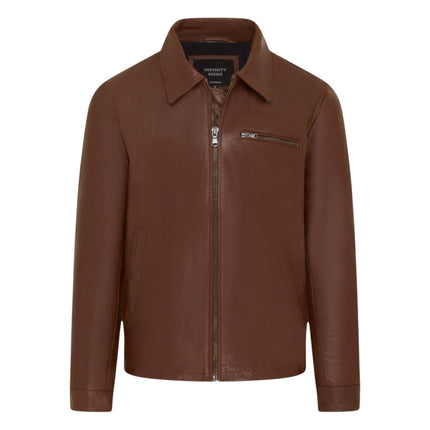 Mens Leather Tan Harrington Collar Biker Jacket - Arick