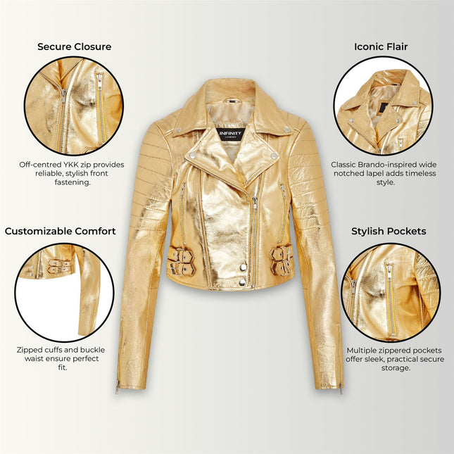 Womens Cropped Brando Leather Biker Jacket-Damascus