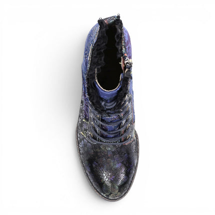 Laura Vita Women's Floral Goth Victorian Blue Leather Heeled Ankle Boots - Alcizeeo-190