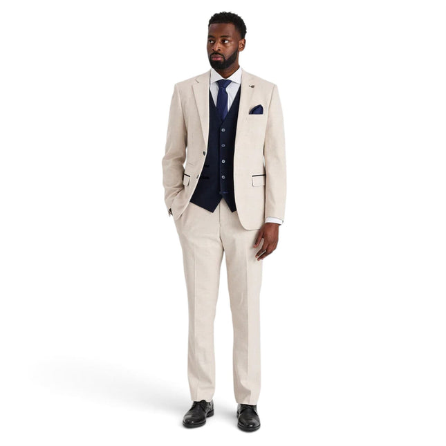 Men's Check Cream Blazer Navy Waistcoat Wedding 3 Piece Suit - Regent