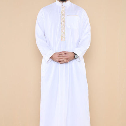 Mens White Thobe Jubba Emirati Islamic Arabic Eid Embroidery Kaftan Jubbah Robe