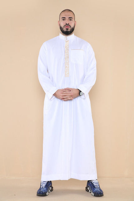 Mens White Thobe Jubba Emirati Islamic Arabic Eid Embroidery Kaftan Jubbah Robe