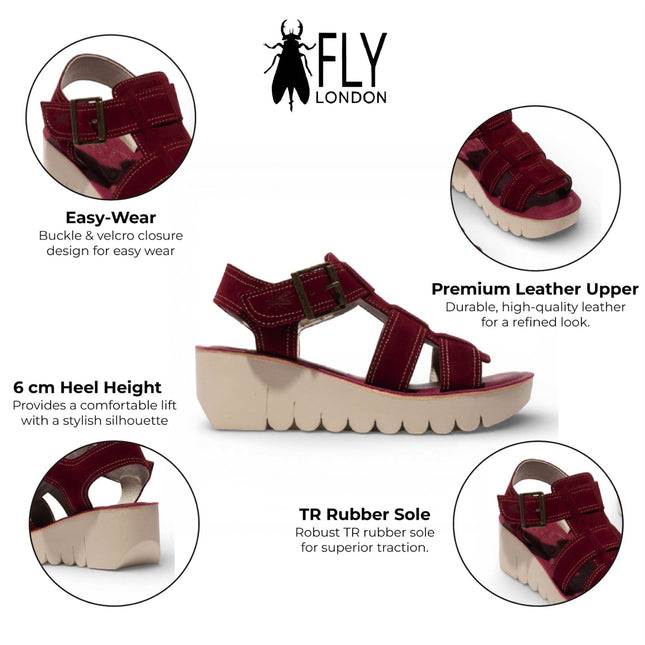 Fly London Women's BAIC621FLY Berry Red Suede Leather Wedge Sandals