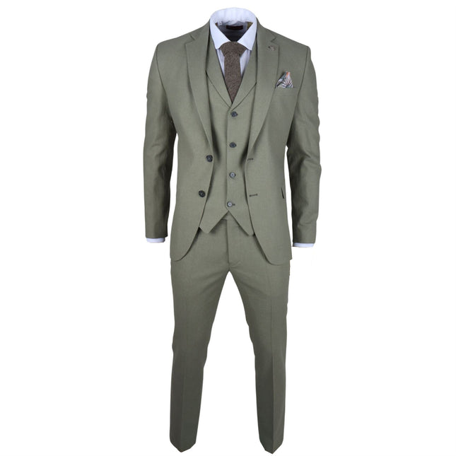 Men's Sage Green Tailor Fit 3 Piece Linen Summer Wedding Suit