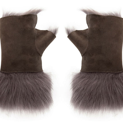 Womens Shearling  Mittens Fingerless Cuffs Toscana Suede Sheepskin Fur