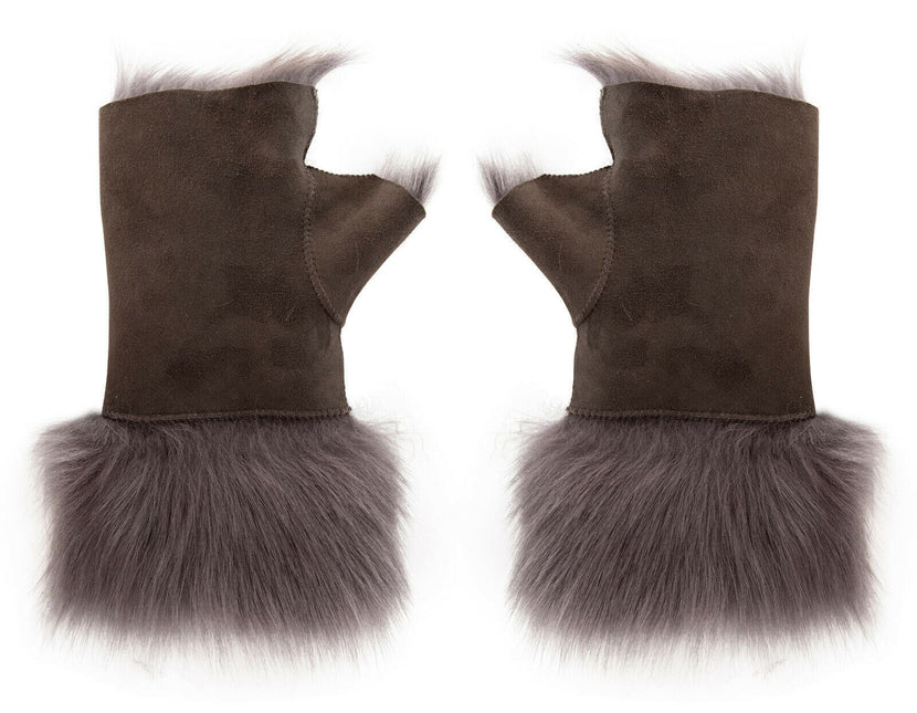 Womens Shearling  Mittens Fingerless Cuffs Toscana Suede Sheepskin Fur