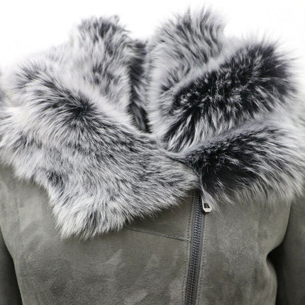 Womens Grey Suede Hooded Merino Sheepskin Coat-Monrovia
