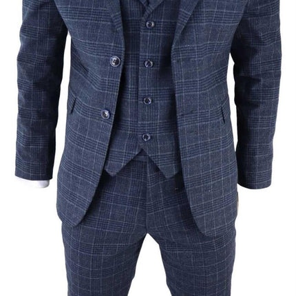 Mens Blue Check 3 Piece Tweed Suit Peaky Blinders 1920s Gatsby Tailored Fit