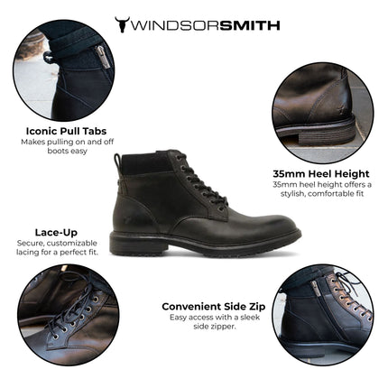 Windsorsmith Mens Black Leather Casual Chelsea Chukka Ankle Boots - Beau