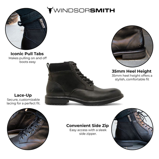 Windsorsmith Mens Black Leather Casual Chelsea Chukka Ankle Boots - Beau
