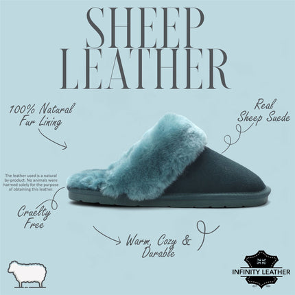 Women's Genuine Sheepskin Green Suede Mule Winter Slippers - Luna