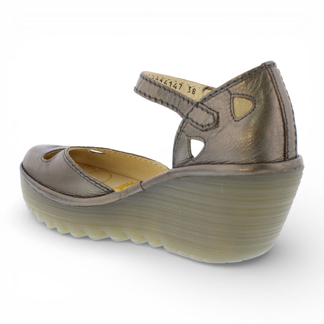 Fly London Women's Yuna Bronze Brown Leather Wedge Sandals